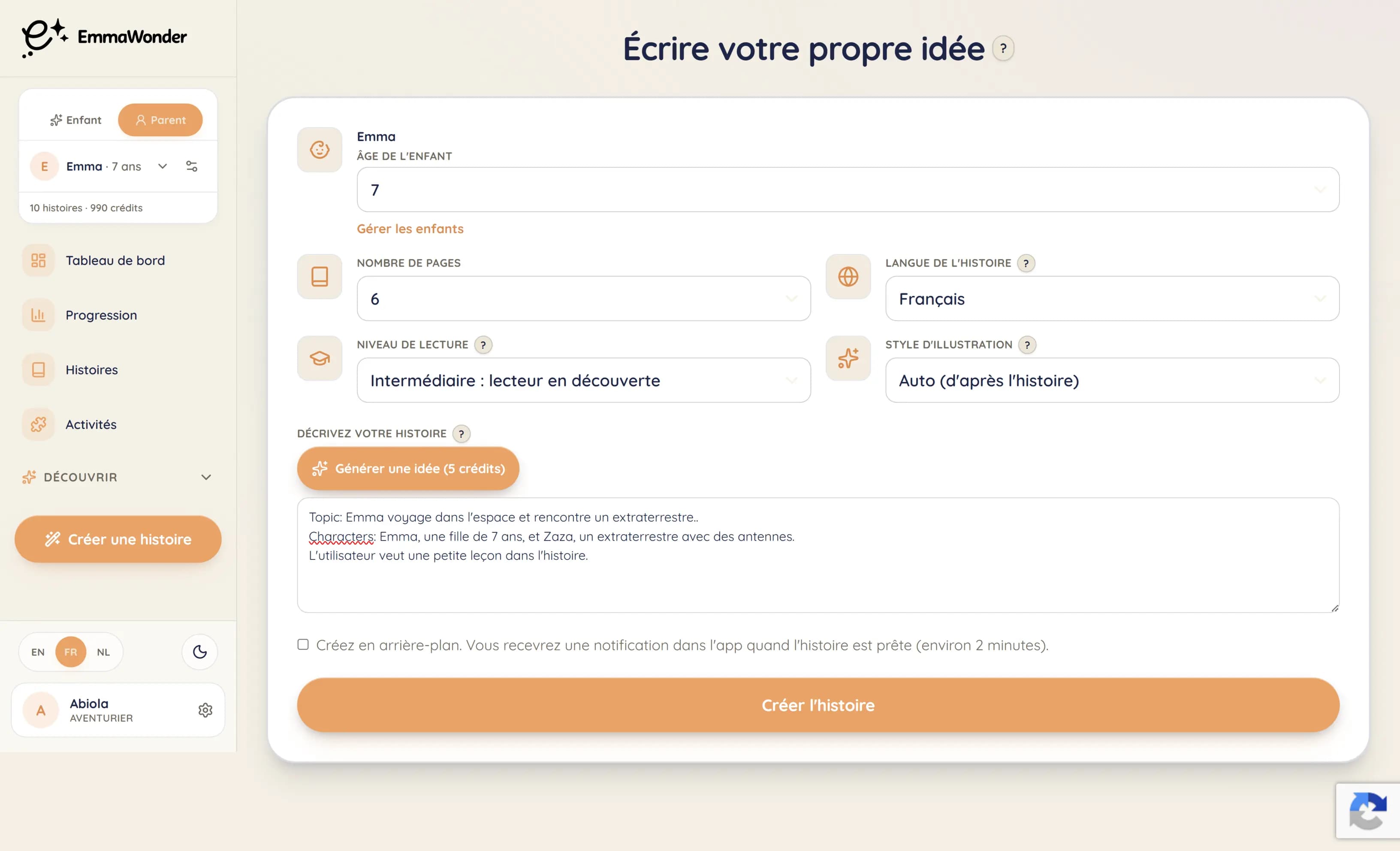 Écran de l'appli : réglages d'histoire avec âge, langue et centres d'intérêt